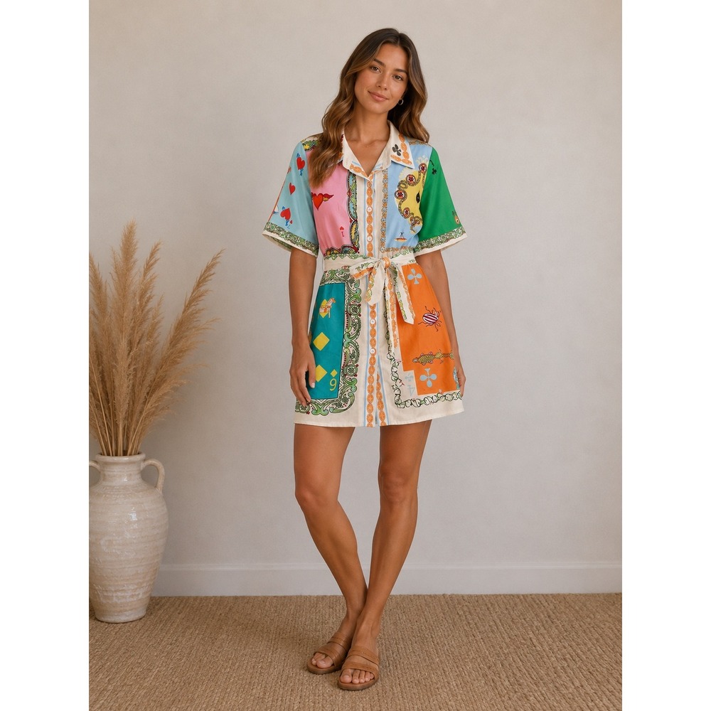 Playing Card Print Button Down Dress Women Small Multicolor Novelty Short Sleeve
